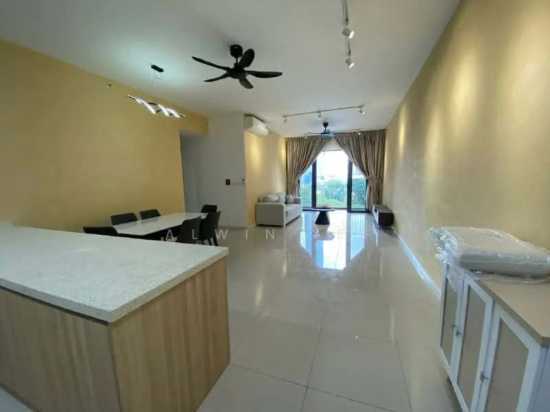 Living features: cream painted walls, white ceiling, 5-blade ceiling fan with light, recessed downlights, large sliding glass door, floor-to-ceiling windows, curtains, polished tile flooring, sofa, dining table with chairs, kitchen island with countertop, built-in cabinetry; style: modern; view: garden.