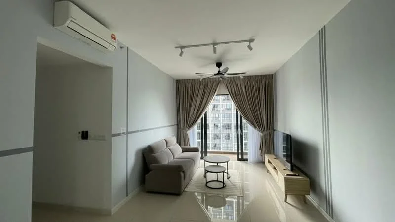 Living features: 3-seater fabric sofa in light grey, coffee table, TV console, wall-mounted TV, floor-to-ceiling windows, curtains, recessed downlights, 5-blade ceiling fan, cream painted walls, glossy tile flooring, air conditioning unit; style: modern; view: city.