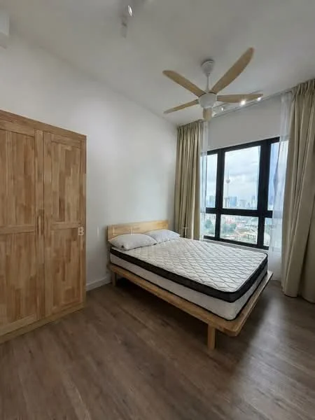 Bedroom features: queen-size bed, wooden bed frame, mattress, 5-blade ceiling fan, floor-to-ceiling windows, sheer curtains, wooden wardrobe, laminate flooring, white painted walls; style: modern; view: city.