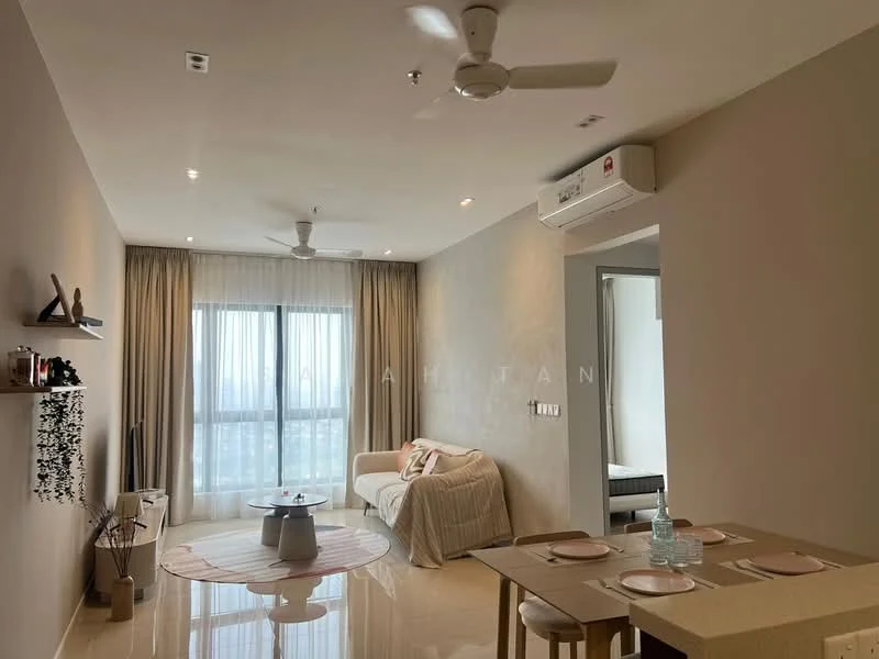 Living features: cream painted walls, glossy tile flooring, 5-blade ceiling fan with light, floor-to-ceiling windows, sheer curtains, sofa in beige, coffee table, area rug with circular pattern, TV console, wall-mounted TV, dining table with 4 chairs, decorative wall shelf; style: modern; view: city.