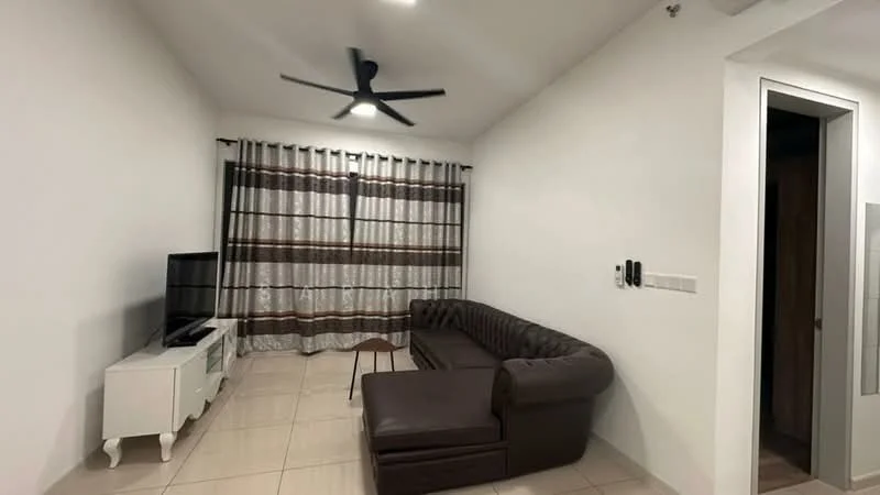 Living features: 3-seater leather sofa in brown, coffee table, wall-mounted TV, white TV console, floor-to-ceiling windows, sheer curtains, blackout curtains, ceiling fan with light, cream tiled flooring, white painted walls; style: modern.