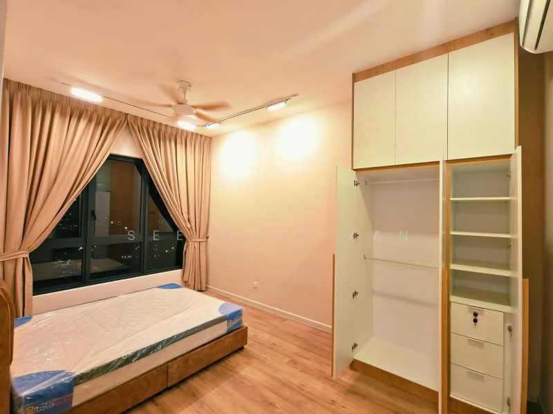 Bedroom features: wooden flooring, cream painted walls, ceiling fan, floor-to-ceiling window, sheer curtains, built-in wardrobe with sliding doors, bed frame without mattress, recessed downlights; style: modern.