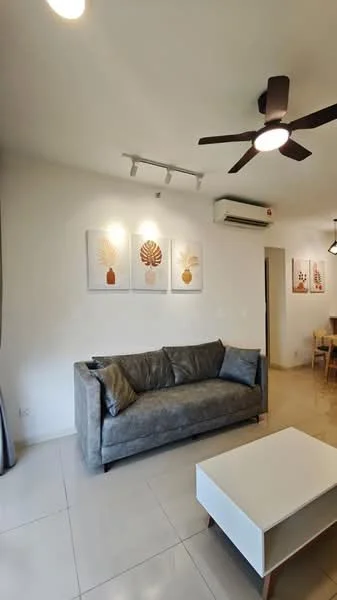 Living features: 3-seater fabric sofa in grey, coffee table with white top, wall-mounted air conditioning unit, 5-blade ceiling fan, recessed LED downlights, framed artwork on walls, cream painted walls, tile flooring; style: modern.