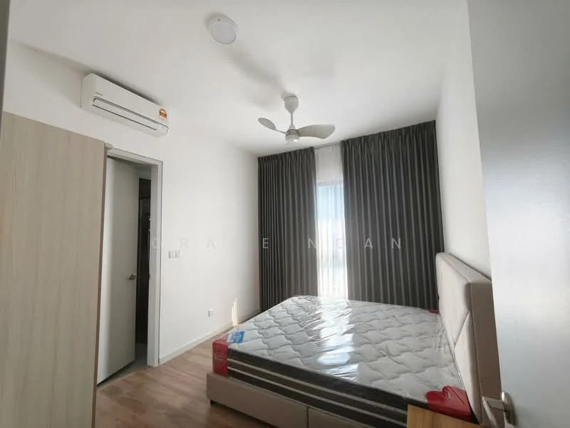 Bedroom features: queen-size bed, upholstered headboard, wooden flooring, 1 wall-mounted split AC, 5-blade ceiling fan, floor-to-ceiling window, sheer curtains, dark grey curtains, light grey walls, built-in wardrobe, decorative wall art; style: modern; view: city.