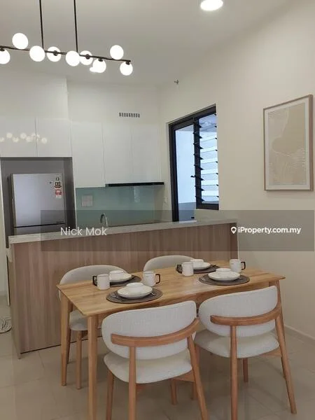 Dining features: 4-seater dining table, light wood table, upholstered dining chairs, white ceramic plates, black mugs, pendant light fixture, open kitchen layout, grey backsplash, stainless-steel fridge, white cabinetry, glass panel behind countertop, light-colored tile flooring; style: modern. Kitchen features: white upper cabinets, wood lower cabinets, grey countertop, built-in oven, stainless-steel sink, chrome faucet, recessed lighting; style: modern.