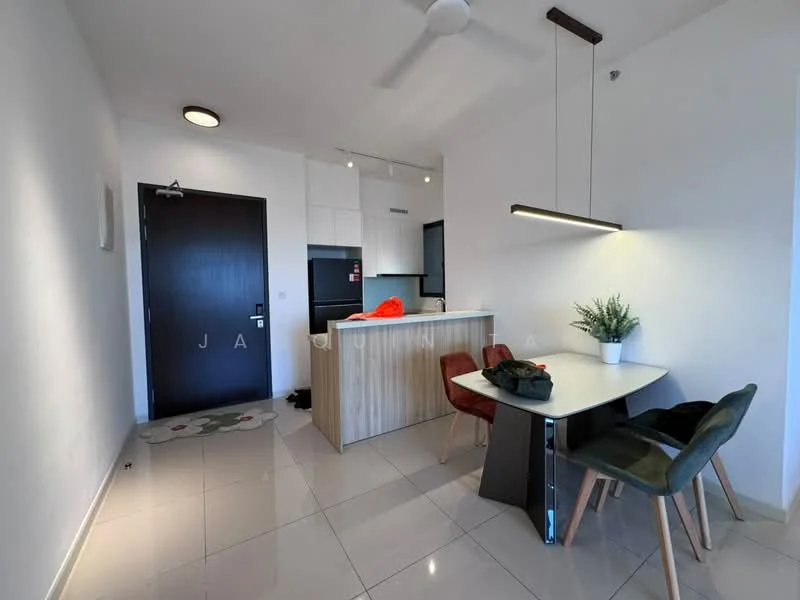 Dining features: white walls, glossy tile flooring, ceiling fan, pendant light, round dining table, 4 upholstered dining chairs in green and brown, kitchen island with wood cabinetry, open layout to kitchen, entry door, decorative plant on table; style: modern. Kitchen features: black cabinetry, stainless-steel appliances, open layout to dining area; style: modern.