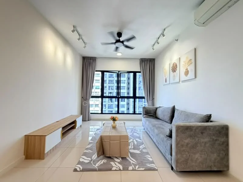 Living features: grey fabric sofa, coffee table, TV console, area rug with floral pattern, 5-blade ceiling fan with light, recessed downlights, floor-to-ceiling windows, curtains, white painted walls, glossy tile flooring; style: modern; view: city.