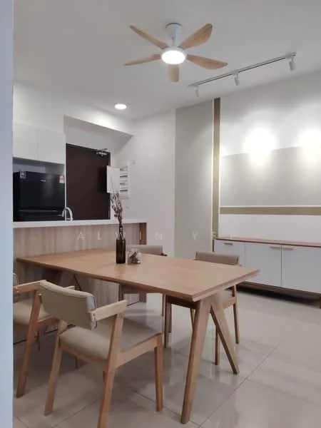 Dining features: wooden dining table, 4 dining chairs, 5-blade ceiling fan with light, white walls, cream cabinetry, black countertop, built-in kitchen appliances, tile flooring, recessed lighting; style: modern.