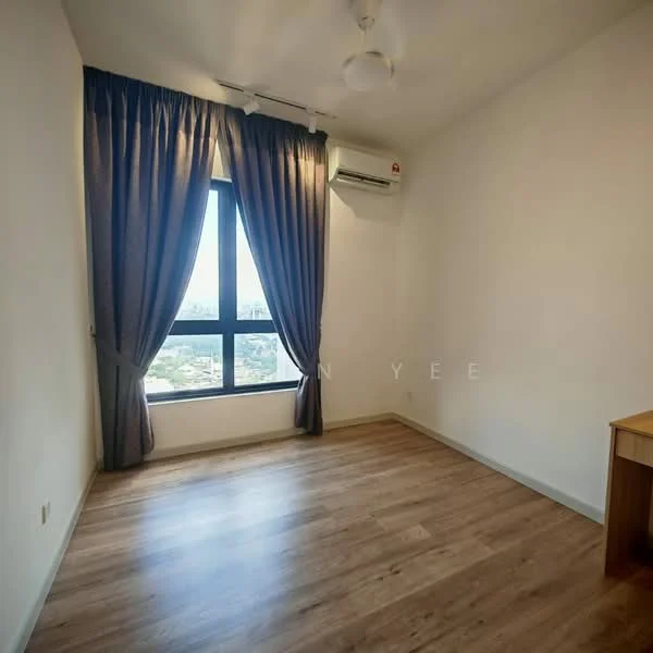 Bedroom features: wooden flooring, white painted walls, floor-to-ceiling window, curtains, 1 wall-mounted split AC, ceiling fan, study desk, city view; style: modern; view: city.