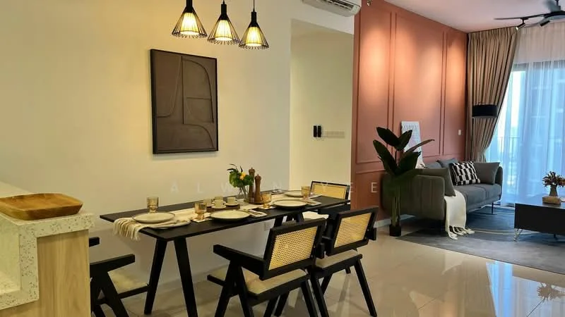 Dining features: 6-seater dining table, black wooden dining table, woven dining chairs, decorative centerpiece, tableware including glasses and plates, pendant lighting with three bulbs, cream painted walls, tile flooring, plant in ceramic pot, open layout to living area; style: modern; view: city. Living features: grey fabric sofa, decorative throw pillows, coffee table, area rug, floor-to-ceiling windows, curtains, wall-mounted TV, wall art, plant in ceramic pot; style: modern; view: city.