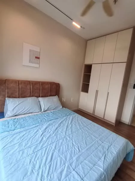 Bedroom features: king-size bed with upholstered headboard, light blue bedding, wooden flooring, built-in wardrobe with sliding doors, wall-mounted artwork, recessed ceiling lights, ceiling fan, neutral painted walls; style: modern.