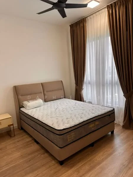 Bedroom features: queen-size bed, upholstered headboard, wooden bedside table, floor-to-ceiling windows, sheer curtains, brown curtains, ceiling fan, laminate flooring, decorative wall, light fixture; style: modern.