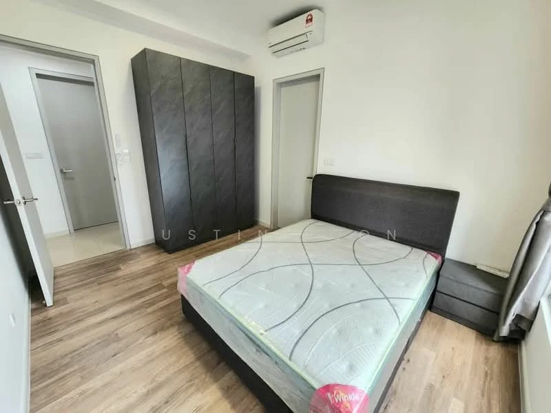 Bedroom features: queen-size bed, upholstered headboard, wooden flooring, built-in wardrobe with grey finish, 1 wall-mounted split AC, curtains, nightstand, light-colored walls; style: modern.
