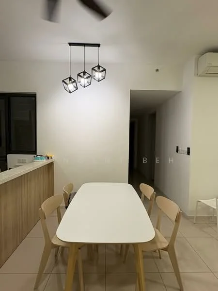 Dining features: white dining table, 4 wooden dining chairs, pendant lighting with three fixtures, light-colored cabinetry, wall-mounted air conditioning unit, neutral wall color, tile flooring, large window, open layout; style: modern.