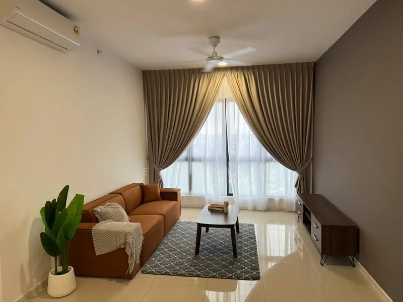 Living features: 3-seater fabric sofa in orange, coffee table, area rug with geometric pattern, floor-to-ceiling windows, sheer curtains, ceiling fan, wall-mounted TV console, decorative plant in white pot, cream painted walls, grey accent wall, polished tile flooring; style: modern; view: city.
