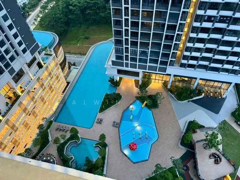 Exterior type: high-rise condominium; features: infinity pool, lap pool, kids splash pool, pool deck with loungers, landscaped garden, water fountain feature, outdoor dining area, manicured lawn, surrounding greenery; style: modern.