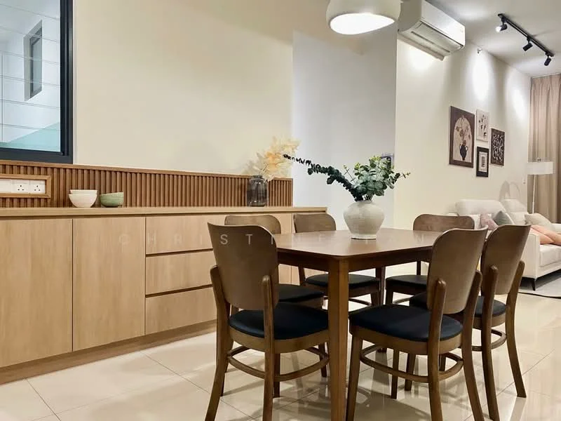 Dining features: wood dining table, 4 wooden dining chairs with black cushions, light-colored wooden sideboard, decorative vase with flowers, wall-mounted air conditioning unit, cream painted walls, recessed lighting, large window with natural light; style: modern.