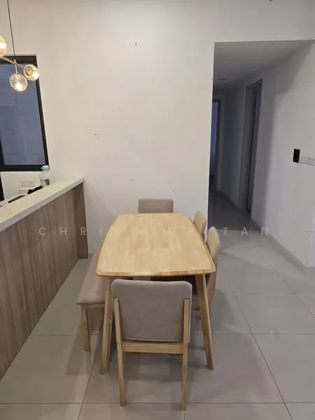 Dining features: wooden dining table, 4 wooden dining chairs with upholstered seats, white painted walls, tile flooring, pendant lighting fixture, open layout to kitchen, countertop with bar seating, neutral color palette; style: modern.