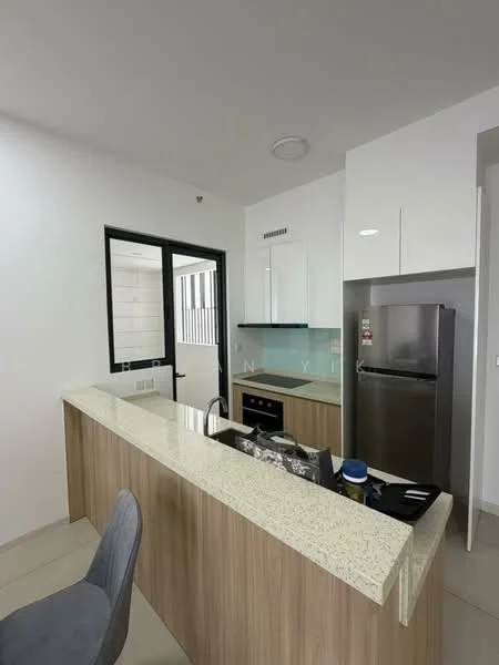 Kitchen features: granite countertop, white cabinetry, stainless-steel fridge, built-in oven, single-bowl stainless-steel sink, chrome pull-down faucet, open shelving, bar seating area, tile flooring, recessed downlights, floor-to-ceiling windows, grey upholstered chair; style: modern.