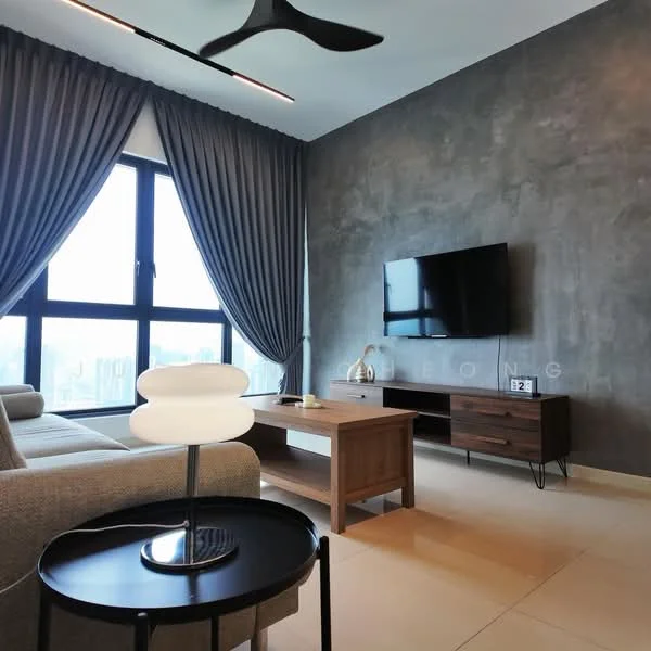 Living features: grey accent wall, floor-to-ceiling windows, sheer curtains, 3-seater fabric sofa in beige, wood coffee table, TV console, wall-mounted TV, ceiling fan, tile flooring, decorative lamp, decorative items on coffee table; style: modern; view: city.