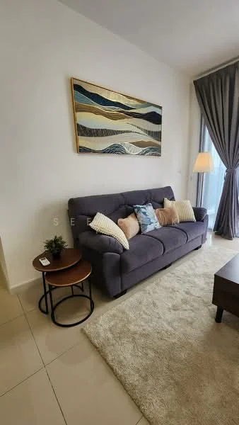 Living features: 3-seater fabric sofa in grey, decorative cushions, round wooden side table, area rug with neutral color, framed artwork on wall, floor-to-ceiling window with sheer curtains, lamp on side table, light-colored walls, tile flooring; style: modern.