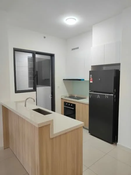 Kitchen features: single-bowl stainless-steel sink, chrome pull-down faucet, granite countertop, white upper cabinets, wood lower cabinets, built-in oven, black refrigerator, ceramic tile flooring, glass backsplash, recessed downlights, window with black frame; style: modern.