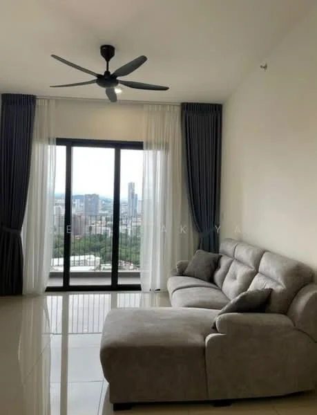 Living features: 3-seater fabric sofa in grey, floor-to-ceiling windows, sheer curtains, blackout curtains, 5-blade ceiling fan, polished tile flooring, neutral painted walls, city skyline view; style: modern; view: city.