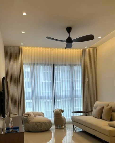 Living features: sofa with cream upholstery, 3-blade ceiling fan, recessed LED downlights, floor-to-ceiling windows, sheer curtains, strip lighting along walls, decorative wall panels, polished marble flooring, plush round ottoman, stuffed animal decor; style: modern.