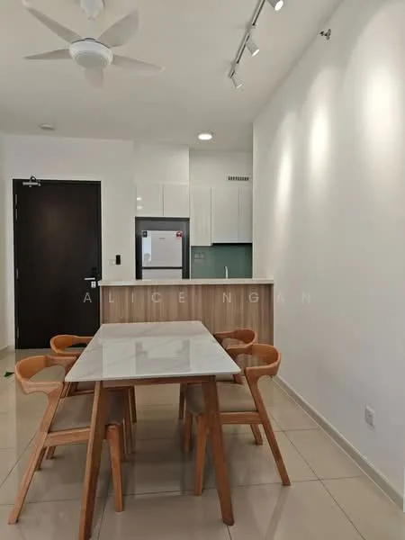Dining features: 4-seater dining table with marble top, wooden dining chairs, white painted walls, recessed downlights, ceiling fan, glossy tile flooring, open kitchen layout, kitchen island with wooden cabinetry; style: modern. Room features: white cabinetry, stainless-steel fridge visible in background.