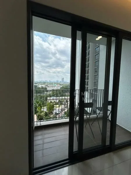 Room features: floor-to-ceiling sliding glass door, balcony with railing, city view, grey tiled flooring, white walls, outdoor seating with chairs; style: modern; view: city.
