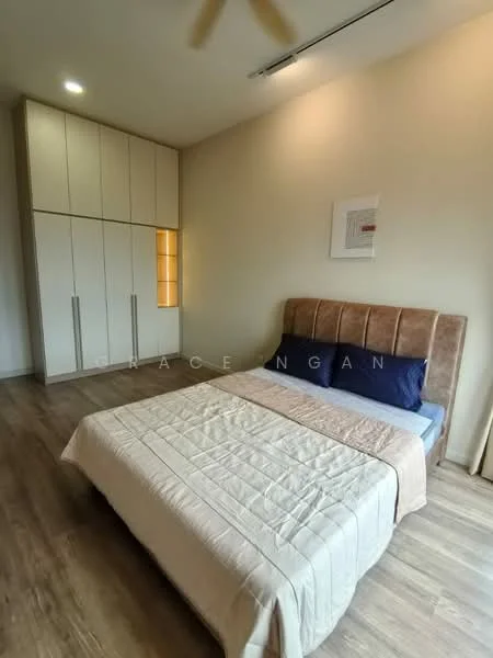 Bedroom features: queen-size bed, upholstered headboard, bedside lamps, built-in wardrobe with sliding doors, wooden flooring, cream painted walls, recessed ceiling lights, ceiling fan, decorative artwork on wall, window with curtains; style: modern.