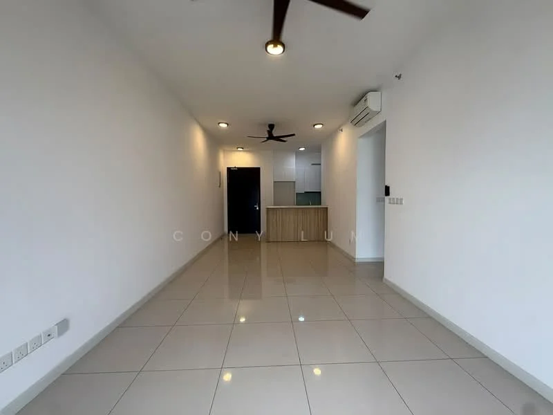 Living features: white painted walls, glossy ceramic tile flooring, recessed downlights, 5-blade ceiling fan, wall-mounted split AC, open layout to kitchen, single door entry, neutral color palette; style: modern. Kitchen features: white cabinetry, countertop, open layout to living area; style: modern.