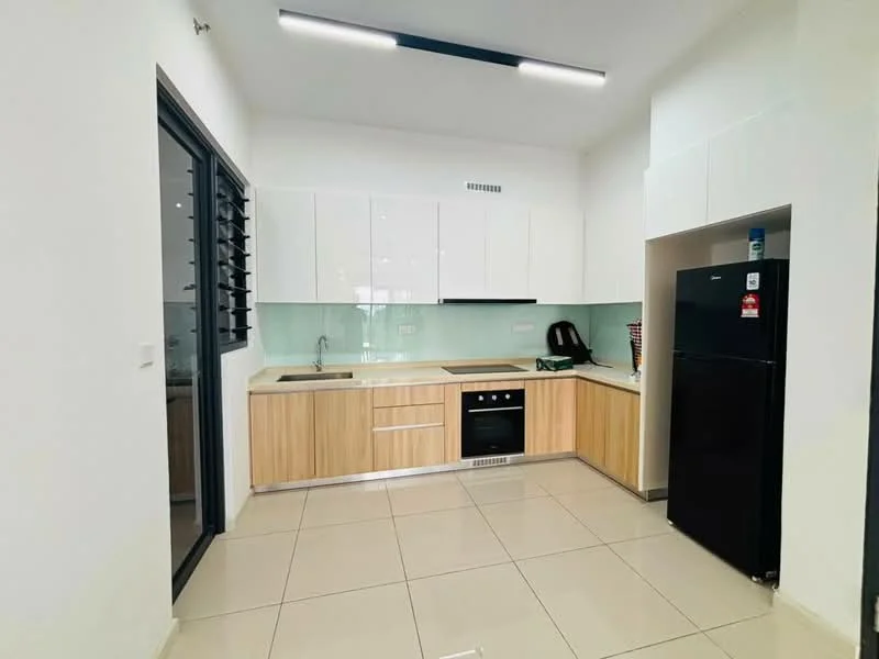 Kitchen features: white glossy cabinets, wooden cabinetry, light green glass backsplash, stainless-steel sink, chrome pull-down faucet, built-in oven, 4-burner gas hob, black refrigerator, countertop with integrated cooktop, tile flooring, recessed LED downlights, window with black grille, open shelving; style: modern.