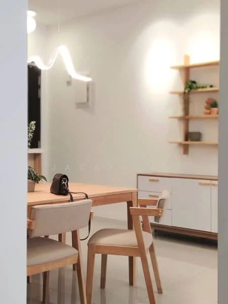Dining features: light wood dining table, 4 dining chairs with upholstered seats, white sideboard with wooden handles, open shelving unit with decorative items, white walls, polished tile flooring, modern pendant light fixture, decorative plants on shelves; style: modern.