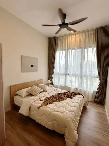 Bedroom features: king-size bed with beige bedding, wooden bed frame, 5-blade ceiling fan, floor-to-ceiling windows, sheer curtains, wooden flooring, decorative wall art, nightstand with lamp; style: modern; view: city.