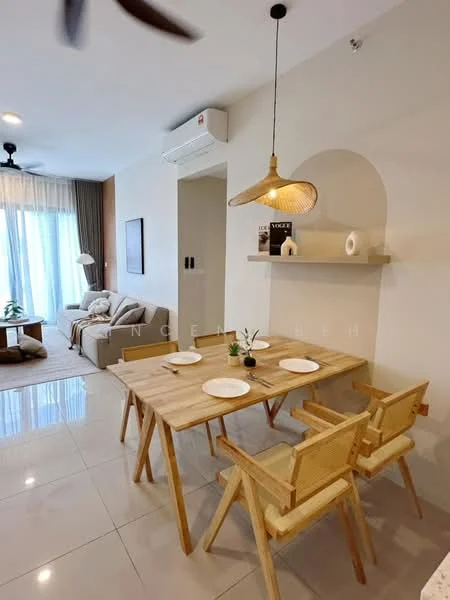 Dining features: wooden dining table, 4 wooden dining chairs, pendant light fixture, air conditioning unit, white painted walls, large windows with sheer curtains, ceramic tile flooring, decorative shelf on wall, houseplant on shelf, neutral color palette; style: modern. Living features: fabric sofa, coffee table, floor lamp, light-colored curtains, decorative wall art; style: modern.
