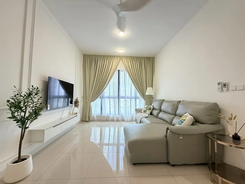 Living features: light grey leather sectional sofa, white wall-mounted TV unit, large floor-to-ceiling windows, sheer curtains, cream drapes, white tiled flooring, ceiling fan, decorative indoor plant in pot, round side table with metallic finish, wall-mounted light switches; style: modern; view: city.
