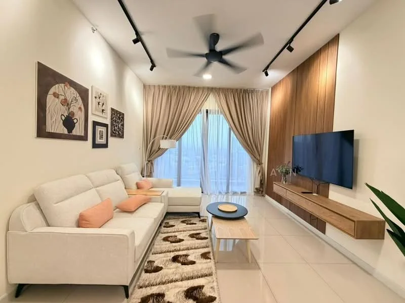 Living features: 3-seater fabric sofa in white, 2-seater fabric sofa in white, decorative cushions in peach, coffee table in light wood, TV console in wood, wall-mounted TV, area rug with geometric pattern, floor-to-ceiling windows with sheer curtains, 5-blade ceiling fan with light, wood accent wall, decorative artwork on walls, potted plant; style: modern; view: city.