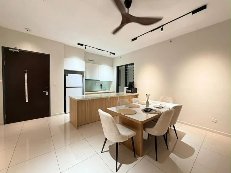 Dining features: 6-seater dining table, beige upholstered dining chairs, white ceramic plates, cutlery, glass vase, pendant lighting, wall-mounted ceiling fan, white walls, tile flooring, kitchen island with countertop, refrigerator, glass backsplash; style: modern. Kitchen features: white cabinetry, stainless-steel refrigerator, built-in oven, glass cooktop, kitchen island, white countertops; style: modern.