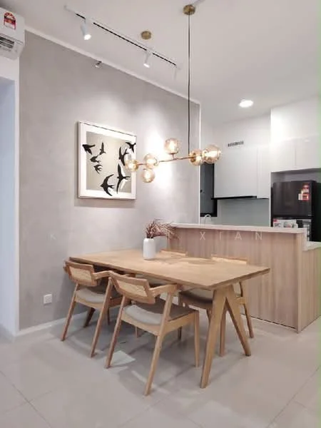 Dining features: wooden dining table, 4 wooden dining chairs, framed artwork on wall, grey accent wall, pendant light fixture, tile flooring, open kitchen layout, kitchen cabinetry with wood finish, refrigerator visible in kitchen area; style: modern.