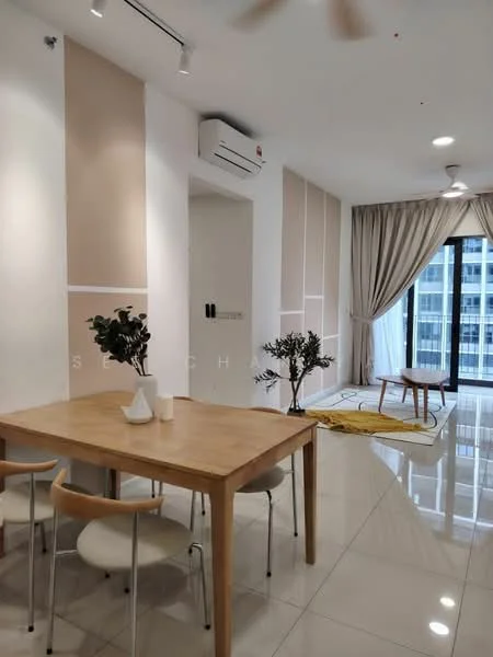 Dining features: wood dining table, 4 white dining chairs, floor-to-ceiling windows, curtains, air conditioning unit, light-colored tiled flooring, decorative plants, yellow area rug, wall-mounted decor, neutral painted walls; style: modern; view: city.