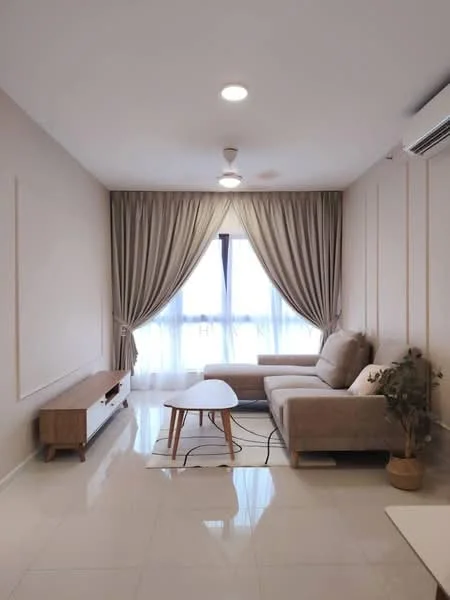 Living features: beige fabric L-shape sectional sofa, wooden coffee table, light-coloured TV console, white walls with paneling, recessed downlights, floor-to-ceiling windows, sheer curtains, glossy tile flooring, decorative houseplant in ceramic pot; style: modern.