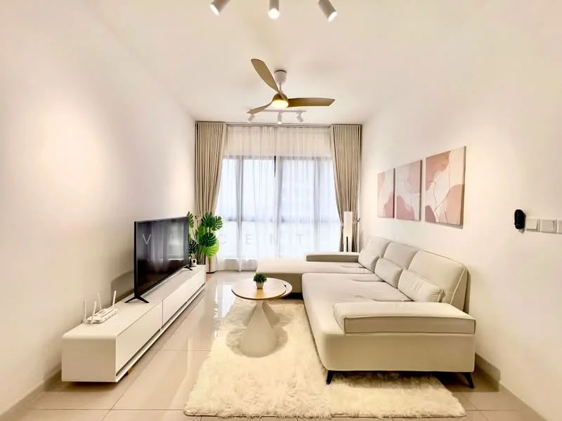 Living features: 3-seater fabric sofa in light grey, white coffee table, TV console in white, wall-mounted TV, area rug in white, 5-blade ceiling fan with light, floor-to-ceiling windows with sheer curtains, decorative wall art in soft colors, recessed downlights, plant in ceramic pot; style: modern.
