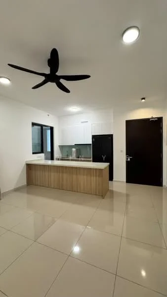 Kitchen features: white cabinets, wooden cabinetry, black refrigerator, stainless-steel sink, chrome faucet, countertop with overhang, ceramic tile flooring, recessed downlights, 5-blade ceiling fan, large window, open layout; style: modern.