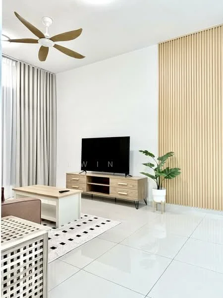 Living features: 5-blade ceiling fan in wood finish, wall-mounted TV, TV console in light wood, coffee table in light wood, area rug with geometric pattern, white walls, wood accent wall with vertical slats, floor-to-ceiling curtains in grey, indoor plant in white pot, glossy white tile flooring; style: modern.