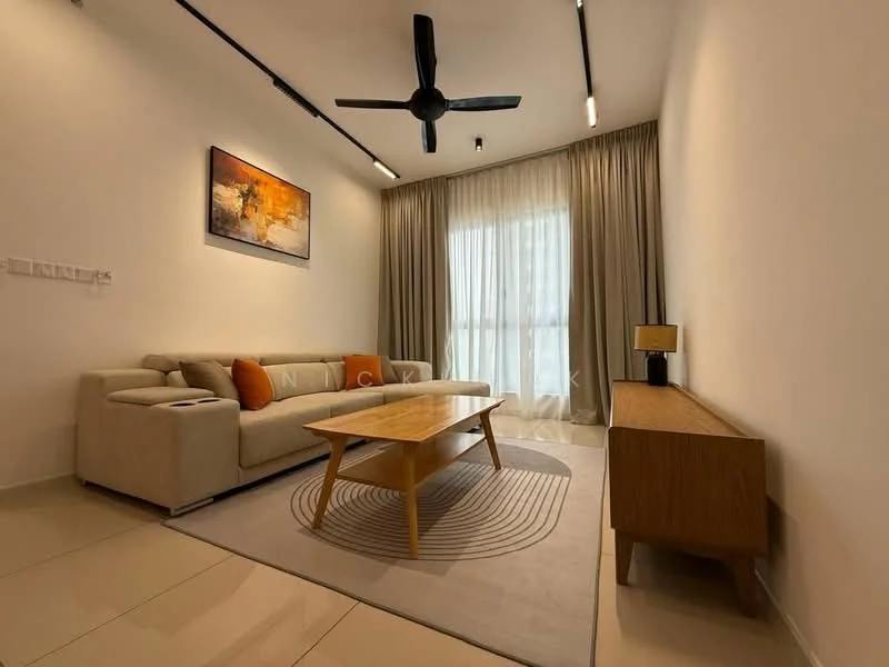 Living features: 3-seater fabric sofa in beige, wooden coffee table, area rug with circular pattern, TV console, floor-to-ceiling windows, sheer curtains, dark wood side table, ceiling fan with light, decorative artwork on wall, recessed lighting; style: modern.
