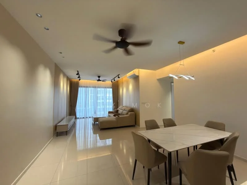 Living features: 5-blade ceiling fan with light, recessed downlights, cream painted walls, white tiled flooring, sofa in beige, coffee table, TV console, dining table with 6 chairs, floor-to-ceiling windows with sheer curtains, decorative wall lighting, open layout, area rug; style: modern; view: city.