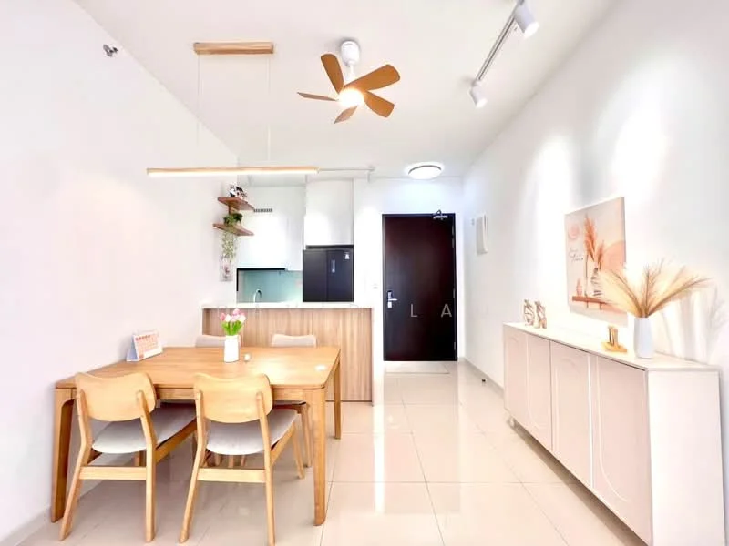 Dining features: wooden dining table, 4 wooden dining chairs, pendant light fixture, 5-blade ceiling fan with light, white painted walls, glossy tile flooring, kitchenette with green backsplash, built-in cabinetry, refrigerator, door leading to hallway; style: modern.