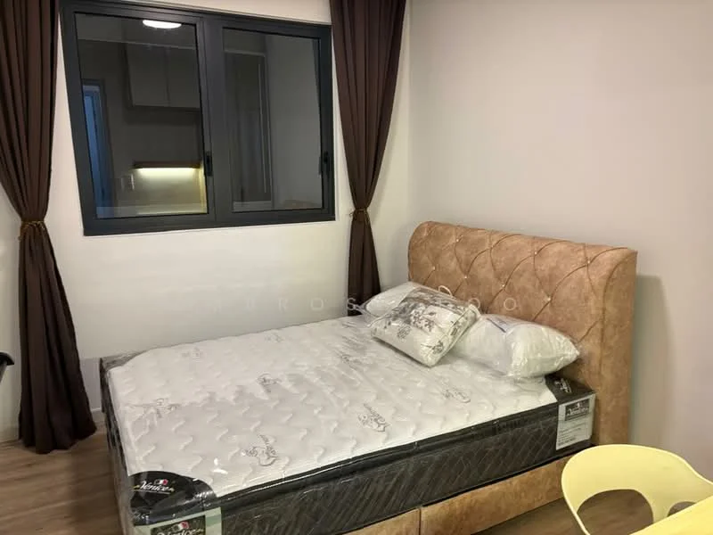 Bedroom features: queen-size bed, upholstered headboard, white bedding, floor-to-ceiling window, brown curtains, laminate flooring, decorative pillow, yellow chair; style: modern.