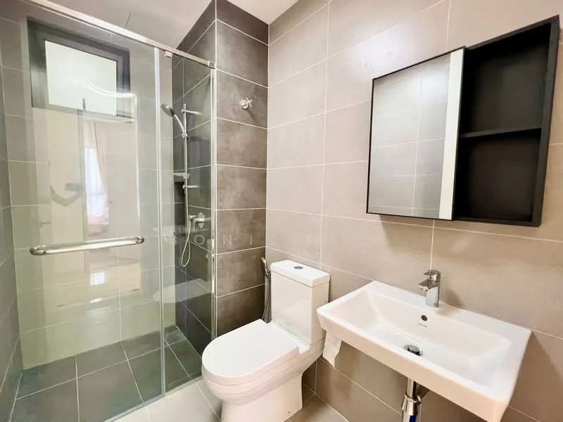 Bathroom features: walk-in shower with glass enclosure, rain shower head, handheld shower, single-sink vanity with wall-mounted faucet, framed mirror, one-piece toilet, grey ceramic tile flooring, grey tiled walls, chrome towel rail, built-in shelving unit, white sink, modern faucet; style: modern.